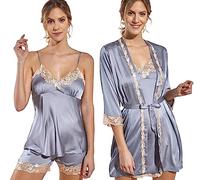 Laura in - Ensemble de Pyjamas pour Femmes en Satin Soyeux de Couleur Unie avec Dentelle Lingerie 5 pièces.Gris BleuXL-1103