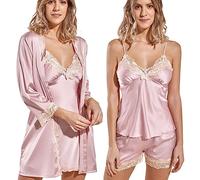 Laura in - Ensemble de Pyjamas pour Femmes en Satin Soyeux de Couleur Unie avec Dentelle Lingerie 5 pièces.RoseS-1103
