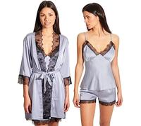 Laura in - Pyjamas Femme en Soie Satin avec Dentelle et nœuds, Ensemble de 4 pièces, Robe Kimono, Haut, Chemise de Nuit et Short, avec Dentelle Noire brodée-1105GrisM