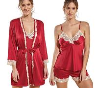 Laura Lily - Ensemble de Pyjamas pour Femmes en Satin Soyeux de Couleur Unie avec Dentelle dorée 5 pièces.(Rouge S)