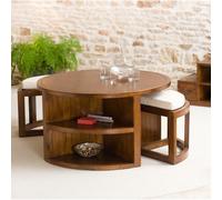 Lauren - table basse et 2 tabourets coussins écrus bois mindi marron