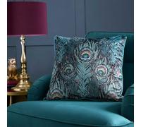 Laurence Llewelyn-Bowen - Coussin Paon Bleu Sarcelle - 55 x 55 cm - Motifs Réversibles - Remplissage/Rembourrage Inclus - Bord Passé - Paon - Coussin de Luxe - Coussin Jacquard en Sarcelle