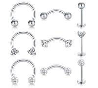 LAURITAMI 9Pcs Acier Chirurgical Piercing Tragus Cartilage Helix Rook Nez Anneaux Cerceau 16G Clear CZ Sourcil Barbell Corps Piercing Goujons Studs Bijoux