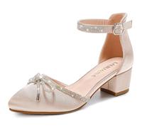 LAURMOSA Sandales à talon haut à bout fermé avec bout pointu et sangle de cheville élégantes pour filles - Chaussures élégantes pour fête de mariage - Joli nœud à talon épais, Nœud en satin, 3 Big Kid