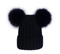 Lau's Bonnets beanie femme chaud hiver, Bonnet en tricot côtelé à deux pompons en fausse fourrure Noir