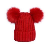 Lau's Bonnets beanie femme chaud hiver, Bonnet en tricot côtelé à deux pompons en fausse fourrure Rouge