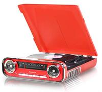 Lauson 01TT17 Platine Vinyle Bluettoth Vintage Haut-Parleurs Stéréo Intégrés | Tourne Disque Vinyle Bluetooth | Radio FM | USB AUX et Encoding | Lecteur Vinyles 3 Vitesses 33, 45, 78 RPM (Rouge)