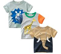 LAUSONS Lot de 3 T-Shirt Manches Courtes Garçon en Coton Cartoon Imprimé Tee 1-8 Ans Animaux de Dessin animé 4-5 Ans