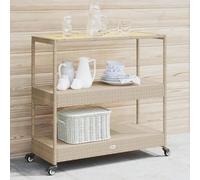 Lauuoeriau Chariot de bar à 3 étages en polyrotin beige et bois d'acacia massif pour la maison et le jardin