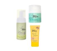 LAV KIDS Lot de 3 soins de la peau pour enfants, mousse nettoyante 100 ml, crème pour le visage 50 ml, protection solaire SPF 50 50 ml, avec bandeau et pochette en filet (hydratation)