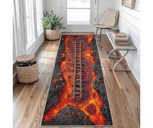 Lava Magma Tapis de Couloir Illusion D'optique Pont en Bois Volcano Tapis de Couloir Long 50 x 150 cm Passage Antidérapant Lavable en Machine D'entrée Chambre Salon Descente de Lit Poil Ras Rug