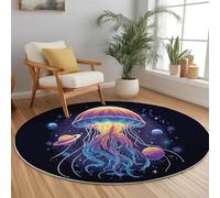 Lavable en Machine Tapis Rond 100 cm Doux Antidérapant, Rêve Méduse Planète Impression Tapis Rond pour Chambre à Coucher Salle de Bain Couloir Décoration D'intérieur, Noir Violet