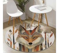Lavable en Machine Tapis Rond 180 cm Doux Antidérapant, Animal Dessin Animé Renard Impression Tapis Rond pour Chambre à Coucher Salle de Bain Couloir Décoration D'intérieur, Brun