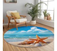 Lavable en Machine Tapis Rond 180 cm Doux Antidérapant, Paysage Mer Coquillages Impression Tapis Rond pour Chambre à Coucher Salle de Bain Couloir Décoration D'intérieur, Bleu Jaune