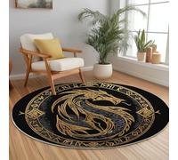 Lavable en Machine Tapis Rond 90 cm Doux Antidérapant, Abstrait Runes Dragon Impression Tapis Rond pour Chambre à Coucher Salle de Bain Couloir Décoration D'intérieur, Noir Jaune