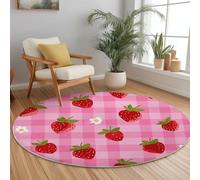 Lavable en Machine Tapis Rond 90 cm Doux Antidérapant, Dessin Animé Mignon Fraise Impression Tapis Rond pour Chambre à Coucher Salle de Bain Couloir Décoration D'intérieur, Rose
