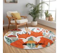 Lavable en Machine Tapis Rond 90 cm Doux Antidérapant, Dessin Animé Renard Champignons Impression Tapis Rond pour Chambre à Coucher Salle de Bain Couloir Décoration D'intérieur, Couleur Orange