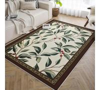 Lavable Tapis 180x240 d Espace Vert crème carpette de Salon Chambre Descente lit botanique Frais imprimé avec Baies Rouges imprimés Doux antidérapant et résistant aux Taches pour à