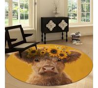 Lavable Tapis Rond 210 cm, Vaches des Highlands Fleurs Motif Doux Antidérapant Tapis à Poils Courts Art Numérique Foncé Flanelle pour Chambre Salon Cuisine Bureau Décorations