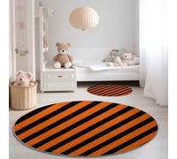 Lavable Tapis Rond pour Salon 160 cm, Vintage Simple Lignes Rayures Thème Orange Noir Tapis Ronds de Sol Décoration Antidérapant - pour Cuisine Chambre Salle à Manger Intérieur
