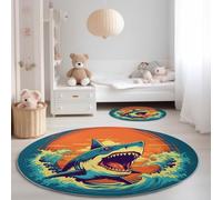 Lavable Tapis Rond pour Salon 90 cm, Rétro Requins Vagues Couchers De Soleil Thème Bleu Tapis Ronds de Sol Décoration Antidérapant - pour Cuisine Chambre Salle à Manger Intérieur