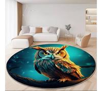 Lavable Tapis Ronds pour Décoration du Salon 60 cm, Fantastique Mystique Oiseaux Hibou Imprimer Bleu-Vert Antidérapant Tapis à Poils Ras - Convient pour Nursery Chambre d'enfants
