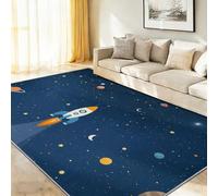 Lavable Tapis Salon 40 x 60 cm, Dessin Animé Minimaliste Fusée Spatiale Étoiles Tapis Antidérapant Poil Ras pour Chambre d'Enfant, Bureau & Ados, Décoration Intérieure Tapis de Sol, Bleu Foncé
