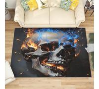 Lavables Tapis de Salon Motif TêTe de Mort en Flamme, 80x150 cm Entretien Facile Intérieur Moquette - Gris Petit Tapis Poils Ras Antidérapant pour Chambre d'enfant et Adulte