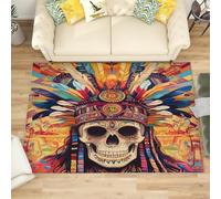 Lavables Tapis de Salon Motif TêTe de Mort Tribale à Plumes, 120x180 cm Entretien Facile Intérieur Moquette - Coloré Grande Tapis Poils Ras Antidérapant pour Chambre d'enfant et Adulte