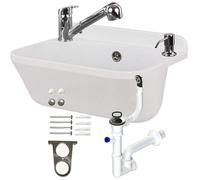 Lavabo 46,5 cm Suspendu - Blanc - Granit et polystyrène - Avec robinet extensible - Avec trop-plein - Distributeur de savon - Siphon mural