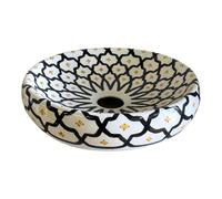 Lavabo à poser en céramique décorée à la main de Fès Ø37 cm - Lavabo artisanal marocain blanc avec décorations noires et jaunes, trou d'évacuation Ø5,5 cm