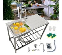 Lavabo Commercial De Cuisine Autoportant En 304 Acier Inox 1 Bac évier Extérieur Jardin Sur Pieds Évier Utilitaire Avec Robinet/établi Pour Restaurant/Sous-Sol/Bar/Hôtel Peu Encombrant(75x40xH75cm)