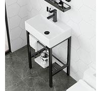 Lavabo console en céramique - Vase autoportant en porcelaine avec pieds en acier inoxydable et étagère de rangement - Idéal pour la salle de bain et la buanderie