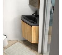 Lavabo d'angle avec meuble bas - 38 cm - Meuble de salle de bain étroit en bois naturel - Bac en résine noir mat avec montage mural et fermeture amortie