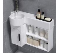 Lavabo d'angle Utilitaire avec Meuble de Rangement, Fixation Murale, étagère Ouverte, Finition céramique, idéal pour Les Petits espaces. Lavabo Moderne avec bac de Rangement (gau