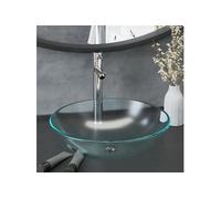 Lavabo de bain avec robinet et drain à poussoir Verre trempé, 8.08kg, 42 x 14 cm (Diam. x H), Blanc