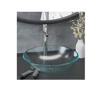 Lavabo de bain avec robinet et drain à poussoir Verre trempé, 8.08kg, 42 x 14 cm (Diam. x H), Blanc