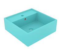 Lavabo de luxe, carré, mat, vert clair, 41 x 41 cm, en céramique, design moderne, pour salle de bain et WC d'invités, avec trou de robinetterie