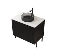 Lavabo de salle de bain autoportant, plan de travail en pierre de Carrare frittée, meuble bas rayé, double portes Soft-Close, lavabo à poser (76 cm, bac en verre rond transparent noir)