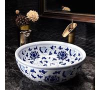 Lavabo de Salle de Bain Bleu et Blanc, lavabo en céramique avec Robinet et égouttoir Lavabo de Salle de Bain Rond en Porcelaine Bleue et Blanche au-Dessus du comptoir avec Fleur