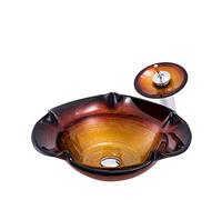 Lavabo de salle de bain de type irrégulier, lavabo artistique en verre trempé, installation sur comptoir, lavabo d'art avec robinet cascade en laiton, bonde escamotable chromée (orange)