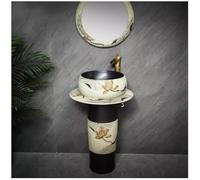Lavabo de salle de bain en porcelaine avec piédestal, lavabo rond autoportant en céramique avec trou pour robinet, ensemble de 2 pièces peint à la main