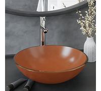 Lavabo de salle de bain rond à poser, en verre trempé, marron, 42 x 13 cm, avec robinet et bonde, en laiton et zinc