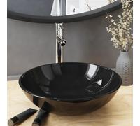 Lavabo de salle de bain rond en verre trempé avec bonde pop-up, robinet à levier unique, noir, 42 cm de diamètre