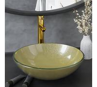 Lavabo de salle de bain rond en verre trempé avec robinet doré, bonde pop-up, mitigeur de lavabo à levier unique pour eau froide et chaude