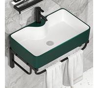 Lavabo De Salle De Bain Suspendu Moderne en Porcelaine Et Céramique, Lavabo d'angle Blanc avec Sortie Eau Chaude Et Froide., Dark Green, 40 * 30cm/16 * 12in