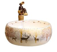 Lavabo de salle de bain, vasque de salle de bain, vasque ronde nordique en céramique, vasque à poser Forest Art, ustensiles de salle de bain, évier avec robinet, vasque