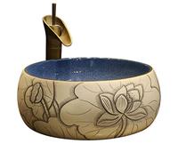Lavabo de salle de bain, vasque Lavabo de salle de bain en forme de lotus sculpté, vasque à poser ronde en céramique, ustensiles de salle de bain, évier avec robinet