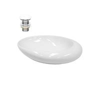 ECD Germany Vasque à Poser Lavabo Salle de Bain - Ø 585 x 375 mm - en Céramique - Ovale- Blanc - avec Kit de Vidange sans Trop-Plein