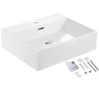 Lavabo en Céramique Rectangulaire - À Poser ou Suspendu pour Petits WC Invités - Blanc - 50,5 x 42 x 14 cm - Avec Trop-Plein et Valve de Vidange Pop-Up
